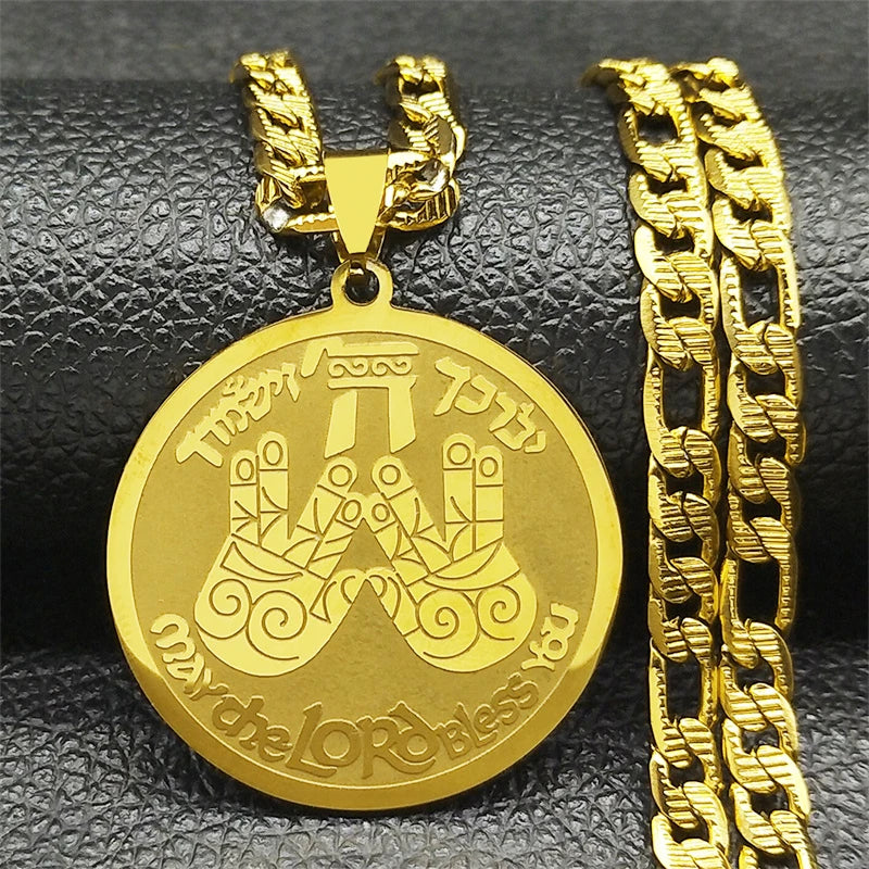 May The Lord Bless You Praying Hand Pendant Necklace For Women Men Stainless Steel Gold Color Round Medal Hebrew Hip Hop Jewelry