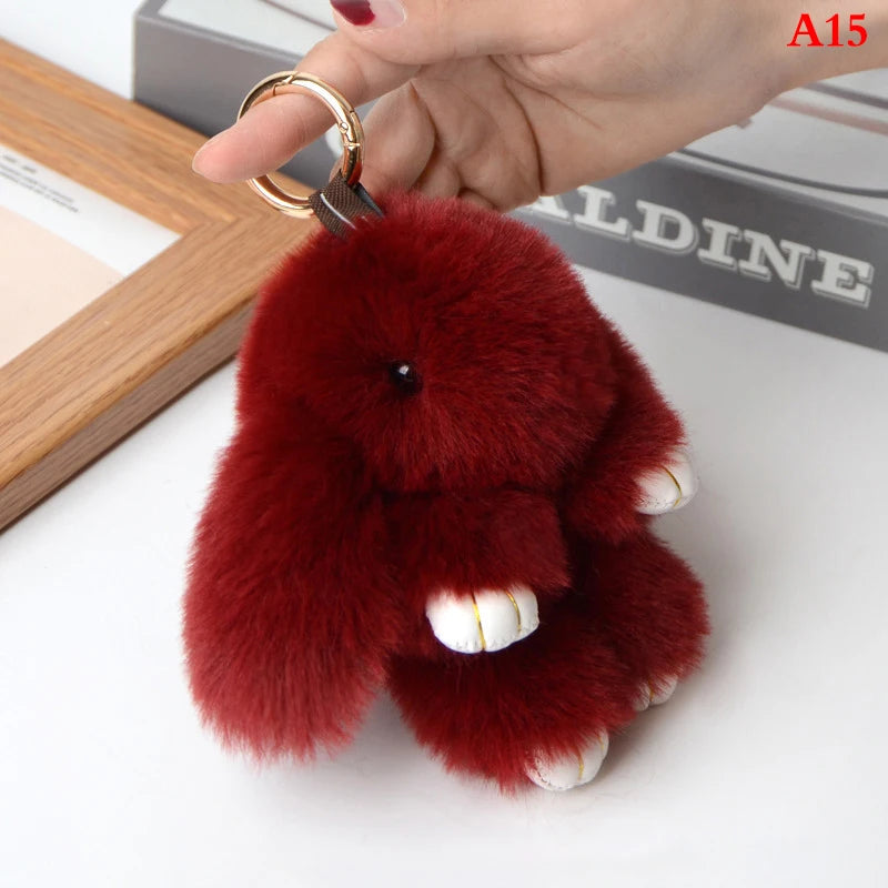 Rabbit Keychain Ring Fluffy Real Fur Pompon Bunny Trinket Key Chain Charm Cute Key Ring On Bag Car Key Pendant Wine red