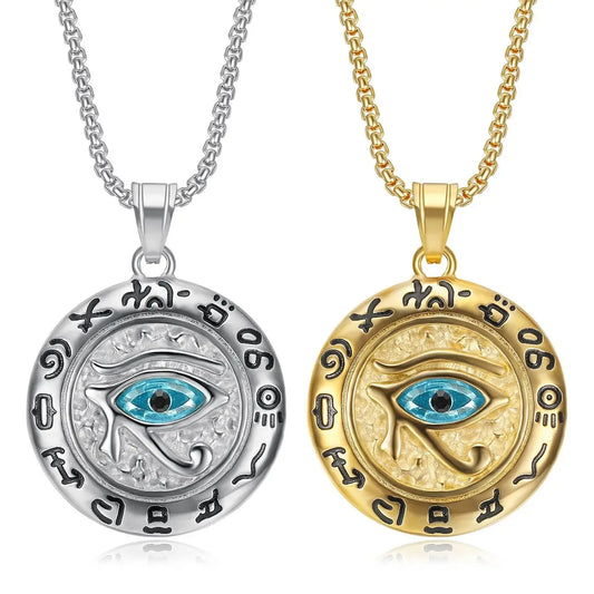 Viking Stainless Steel Gold Plated Pendant Blue Zircon Necklace Unisex Chain Eye of Horus HipHop Jewelry