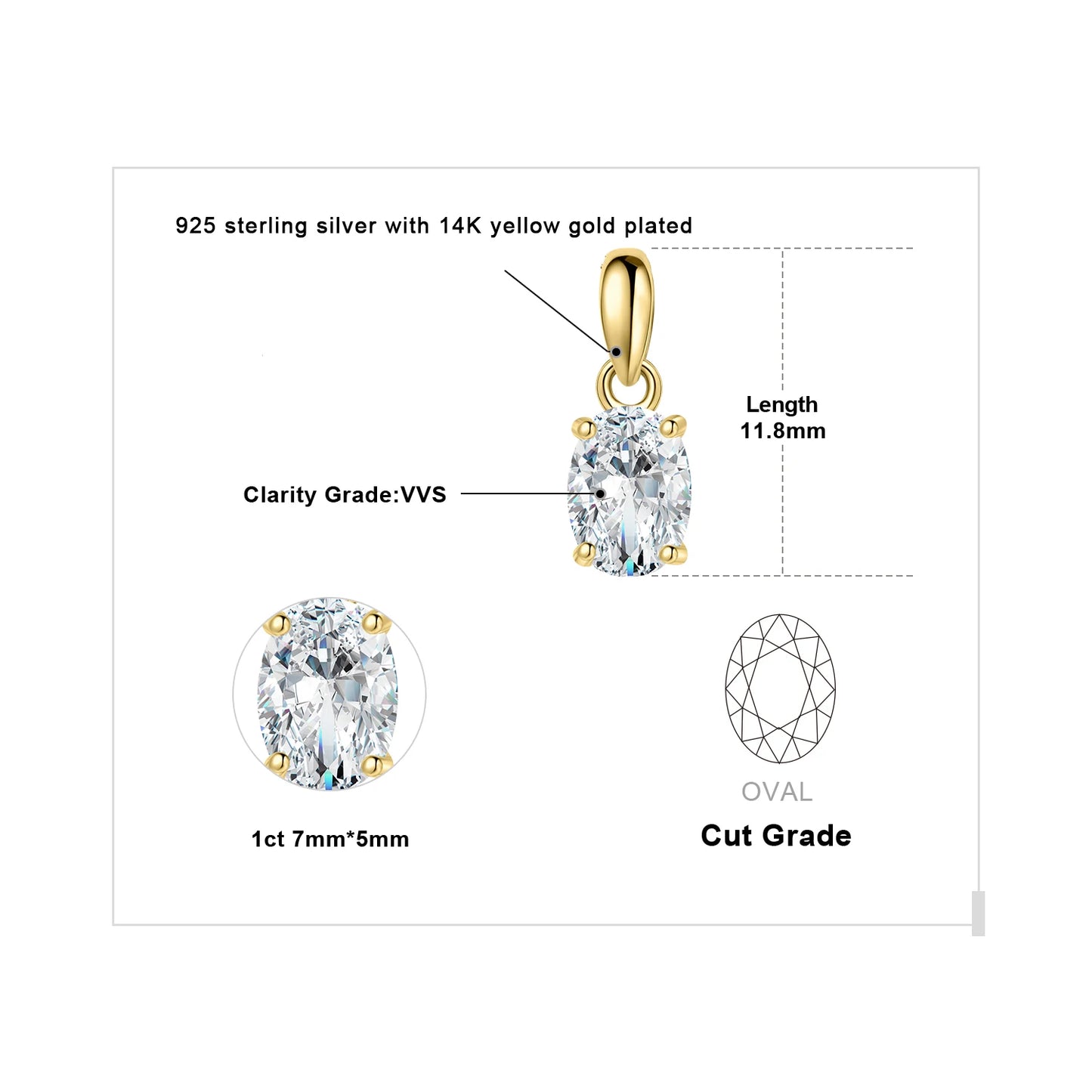 JewelryPalace Moissanite D Color 1ct 2ct Oval S925 Sterling Silver Pendant Necklace for Woman No Chain Yellow Rose Gold Plated 1ct Yellow Color GRA Certificate