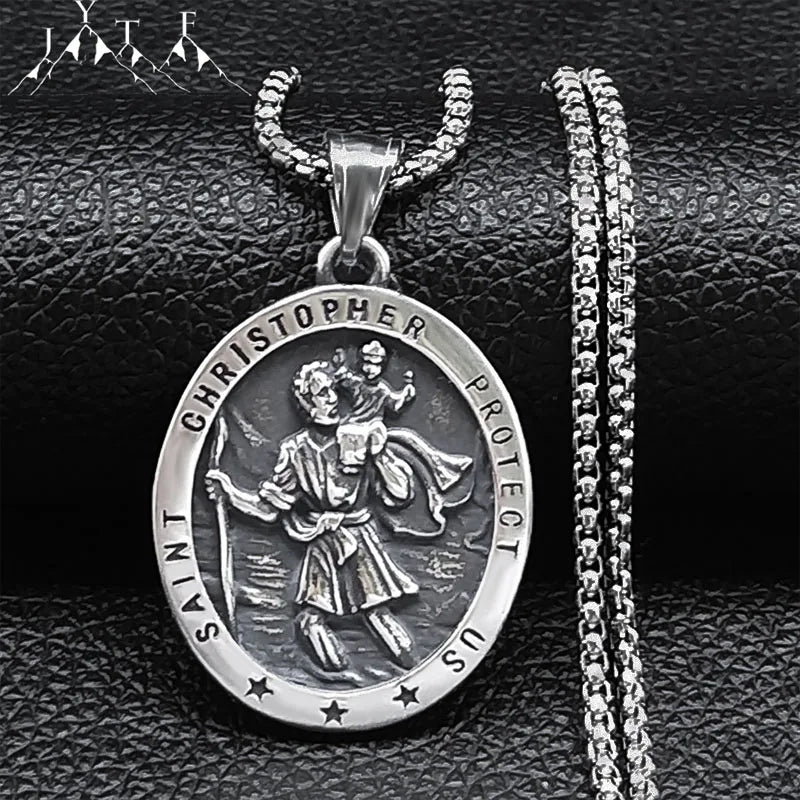 Saint Christopher Protect Us Cross Medal Necklace Stainless Steel Archangel Saints Protection Amulet Necklaces Jewelry NZZ303S05
