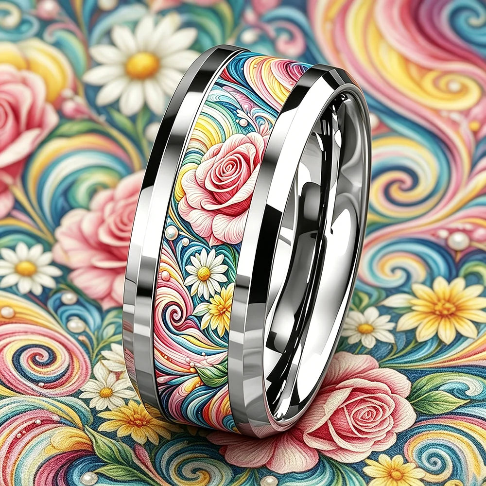 Cute Ocean-Themed 8mm Men Stainless Steel Ring with Dreamy Sea Jellyfish Pattern Inlay Rings for Teenager Wedding Party Jewelry