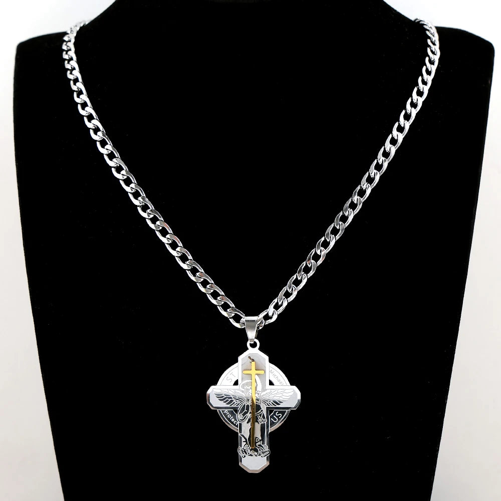 Archangel St.Michael Protect Us Cross Pendant Necklace for Women Men Stainless Steel Catholic Silver Color Amulet Chain Jewelry