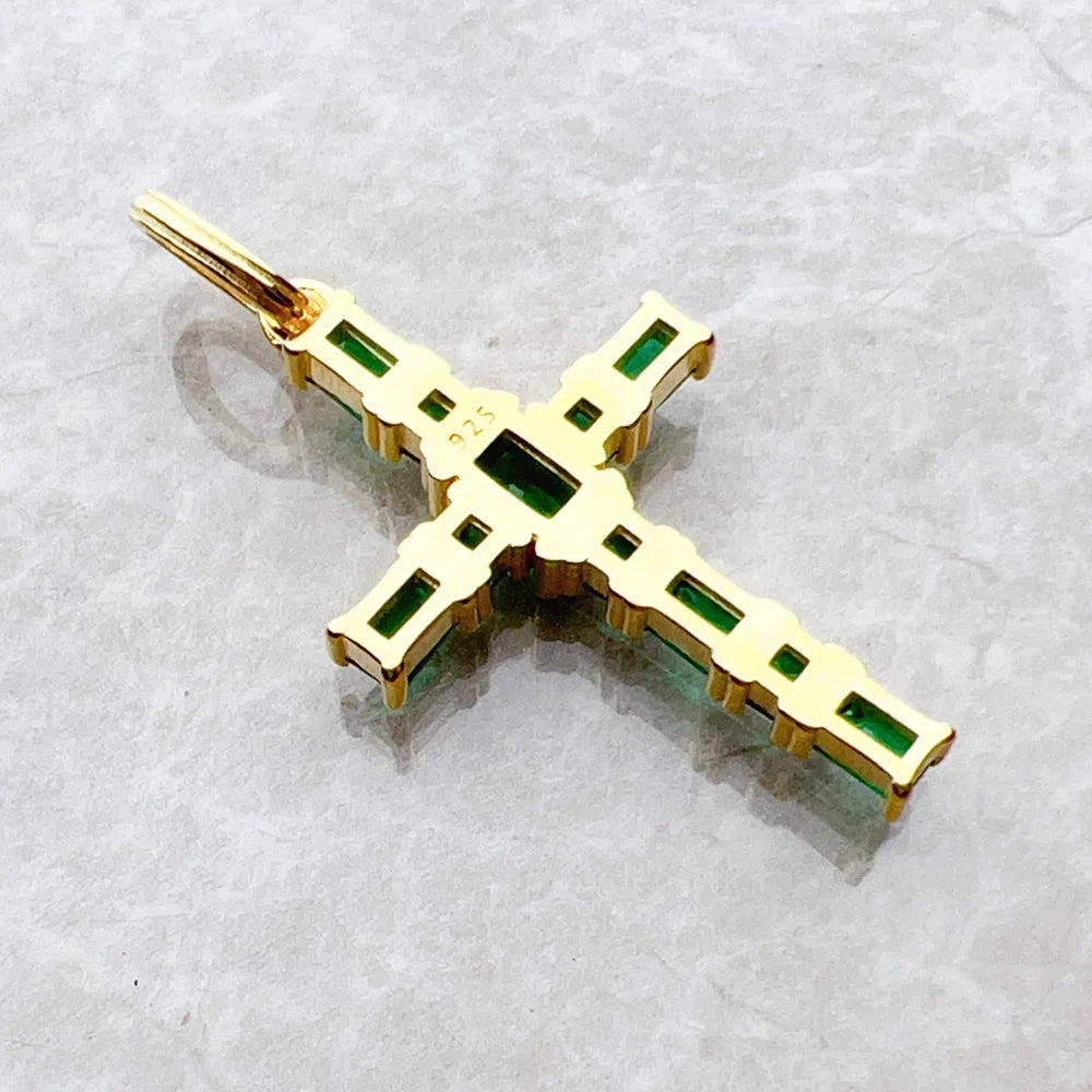 Gold Plated Cross Green Stones Pendant Brand New Fine Jewelry 925 Sterling Silver Accessories Stylish Gift For Woman