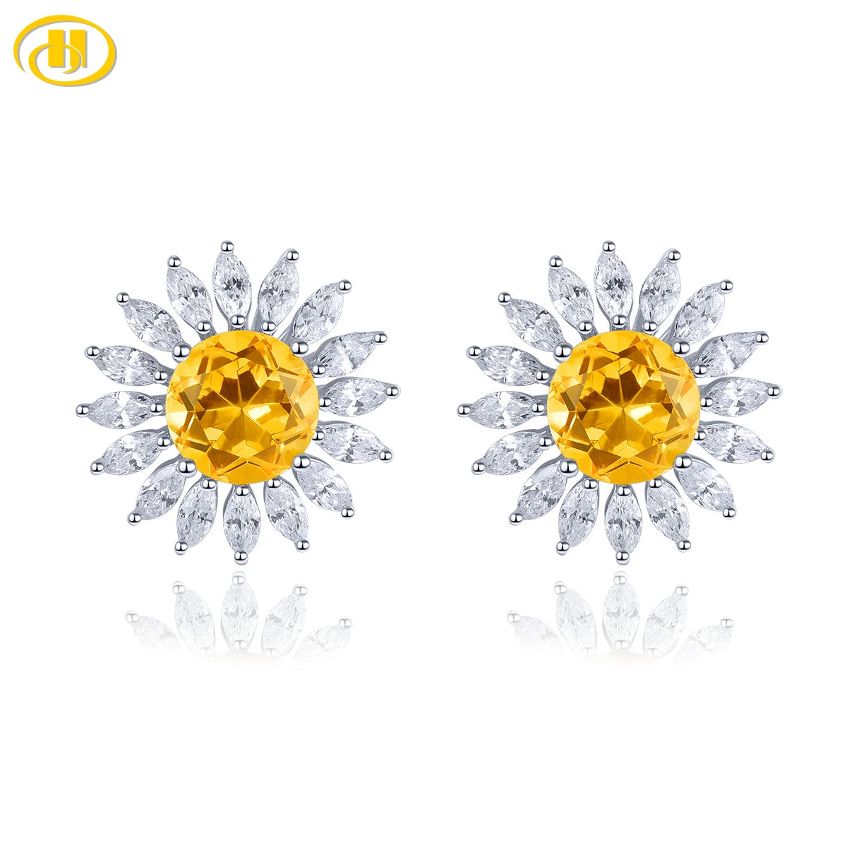 Natural Citrine Sterling Silver Stud Earring 2 Carat Gemstone Yellow Citrine Flower Design Women Romantic Jewelry New Year Gift Default Title