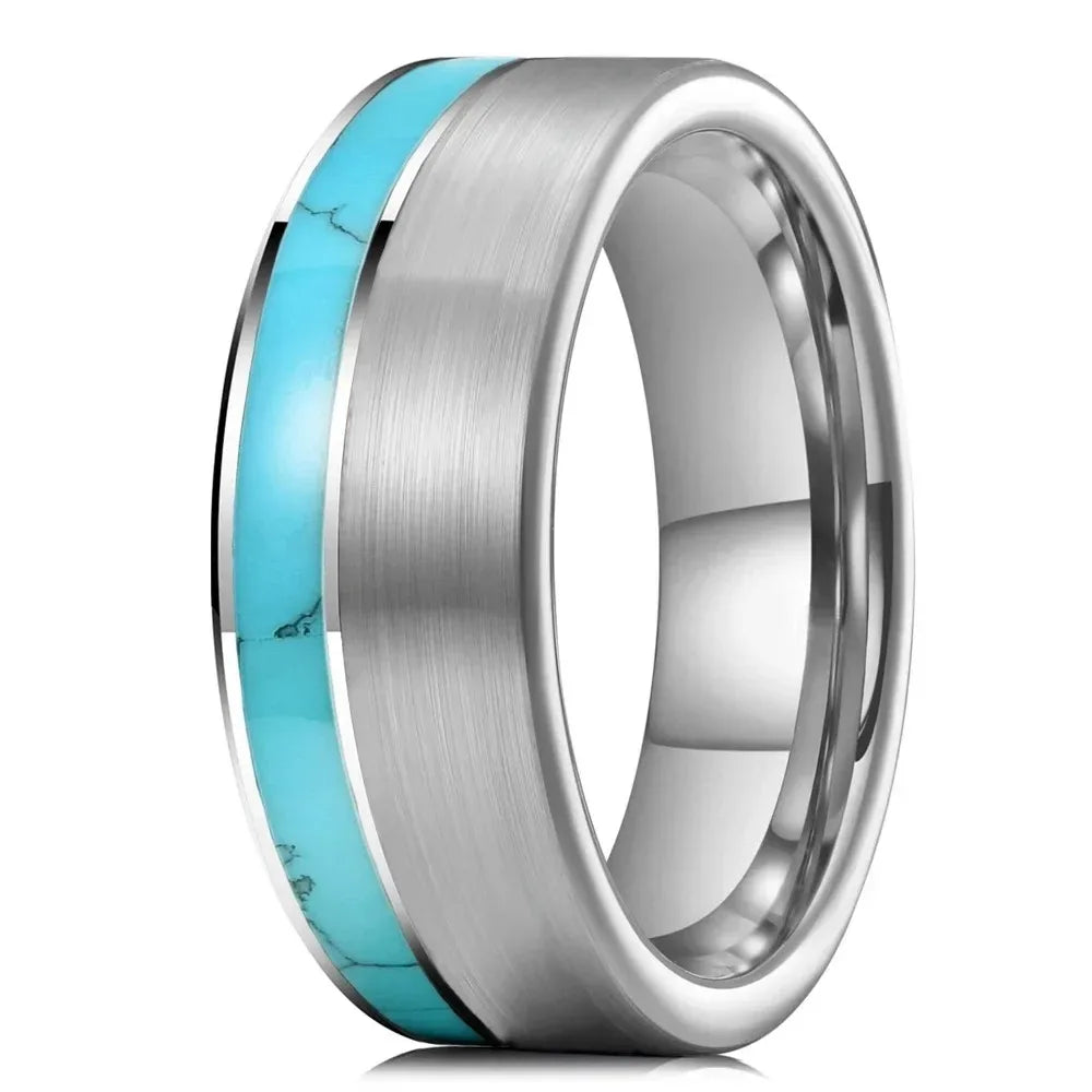 Fashion 8mm Men Silver Color Stainless Steel Ring Blue Turquoise Stone Inlaid Polished Flat Ring For Men Wedding Band Jewelry