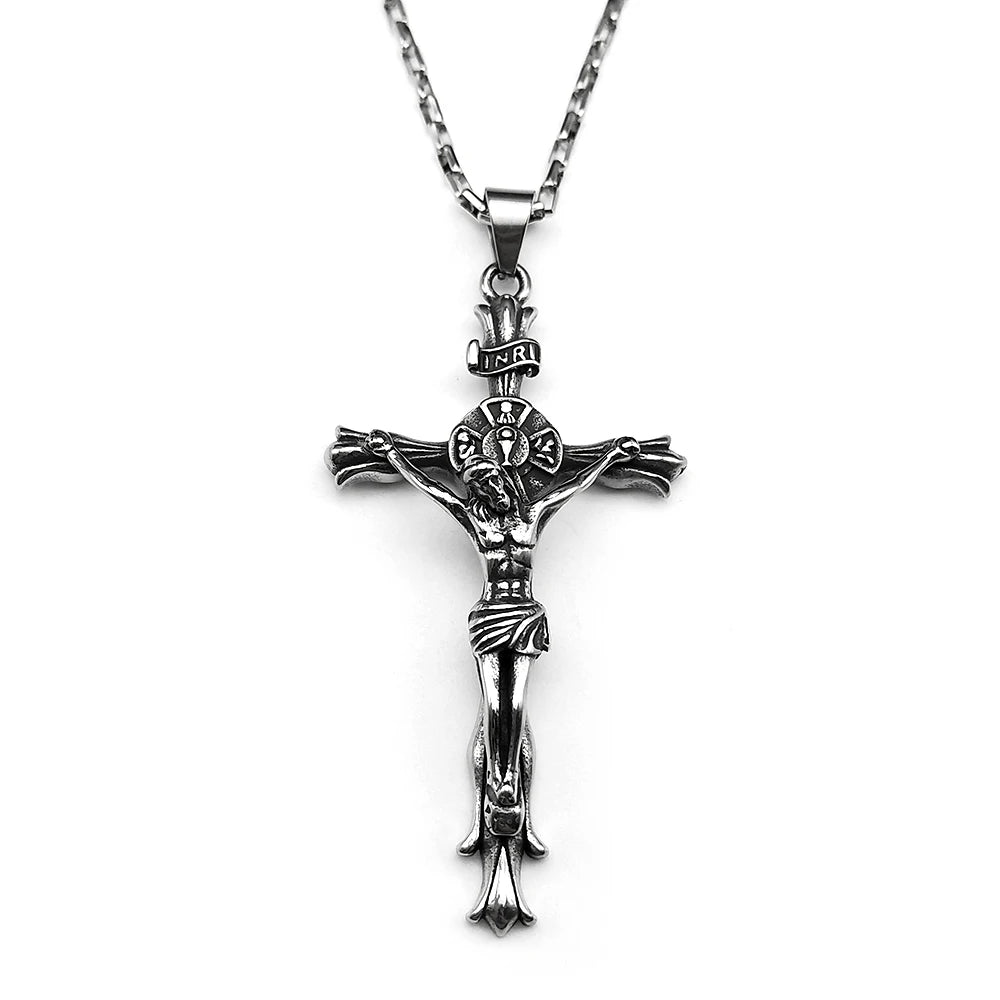 Christ Jesus Crucifix INRI Cross Big Pendant Necklace for Men Stainless Silver Color Hip Hop Chain Necklaces Amulet Jewelry