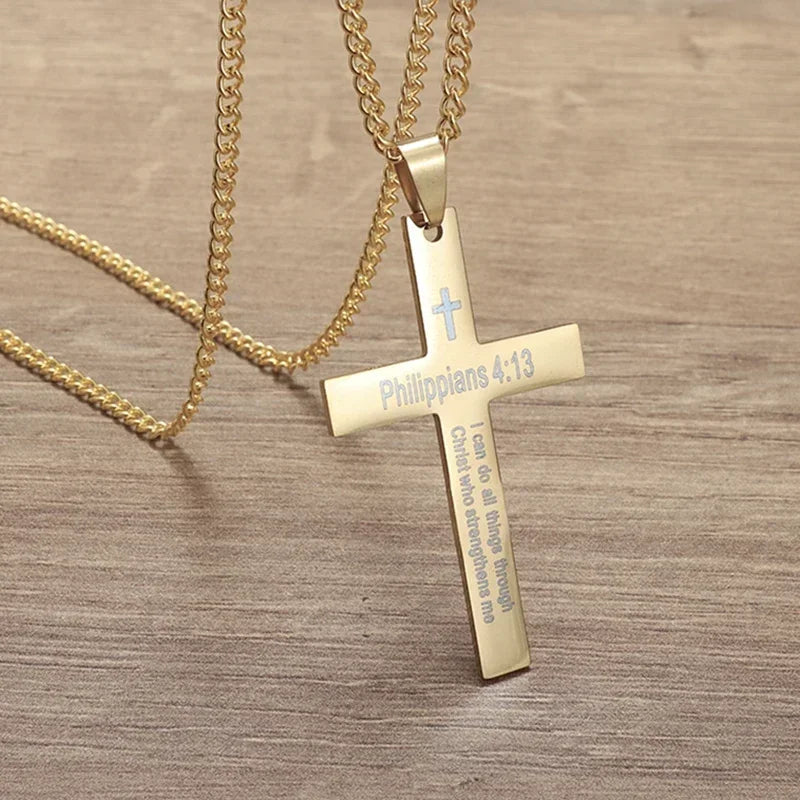 Stainless Steel Cross Letter Pendant Christian Savior Jesus Necklace Men and Women Religious Prayer Amulet Jewelry