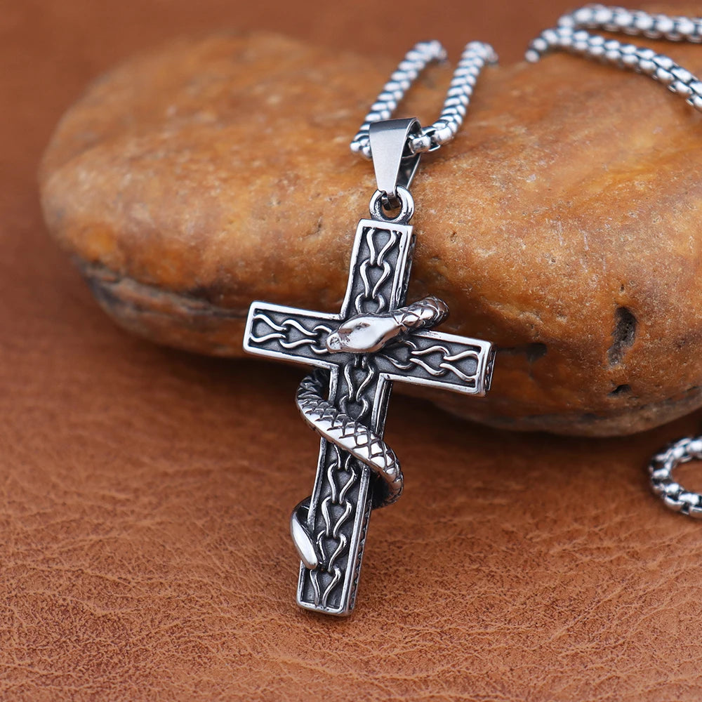 Gothic Religious Creative Snake Cross Neckalce for Men Gift Stainless Steel Vintage Punk Snake Pendant Halloween Amulet Jewelry