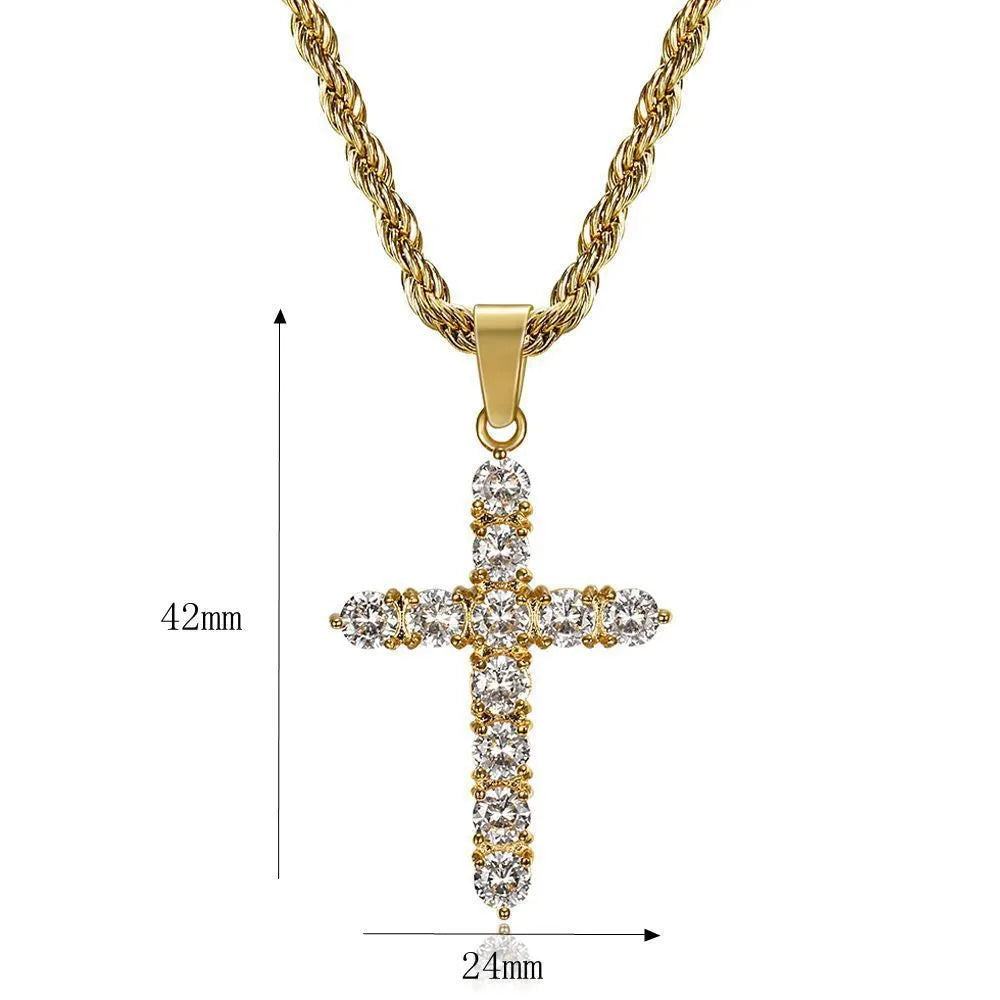 Fashion Jewelry Stainless Steel Cross Aglare Crystal Hip Hop Gold Charm Pendant Necklace Twist Chain