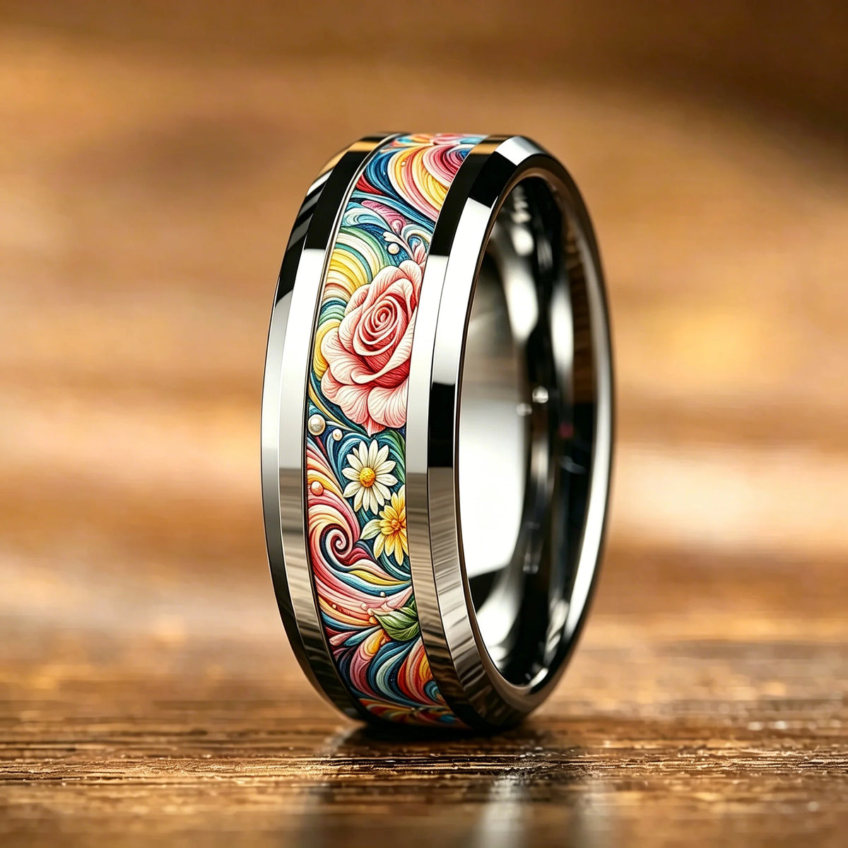 Women's Stainless Steel Ring Red Rose Flower & Green Leaves Inlay Wedding Band Romantic Valentine Floral Pattern Finger Jewelry