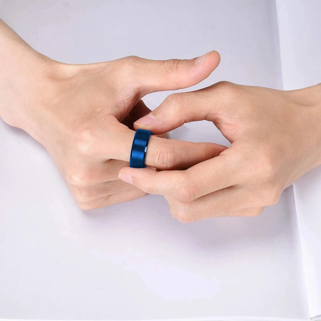 Simple 8mm Blue Stainless Steel Rings For Men Women Blue Matte Finish Beveled Polished Edge Men Rings Wedding Band Jewelry Gift