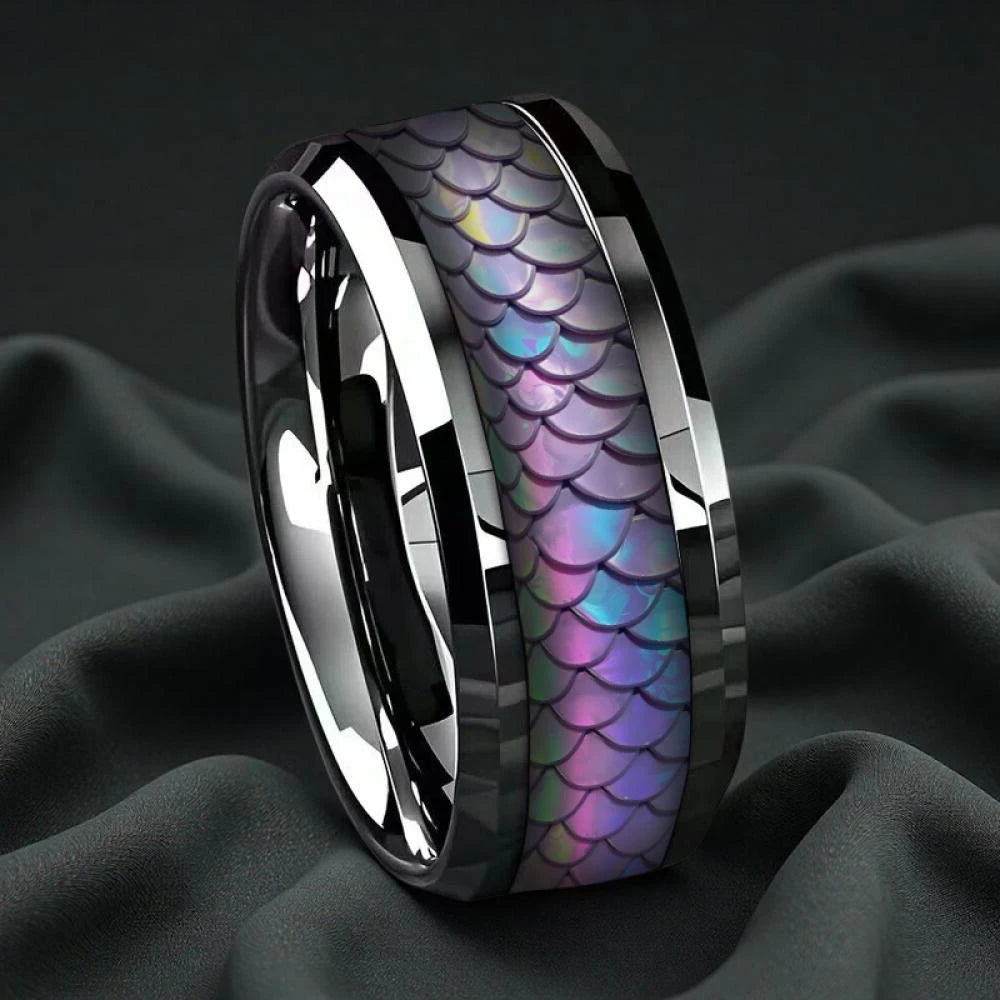 Fashion Men's Stainless Steel Rings Punk Colorful Dragon Scale Pattern Inlay Ring Daily Wear Jewelry, Gift for Him Non-Fade