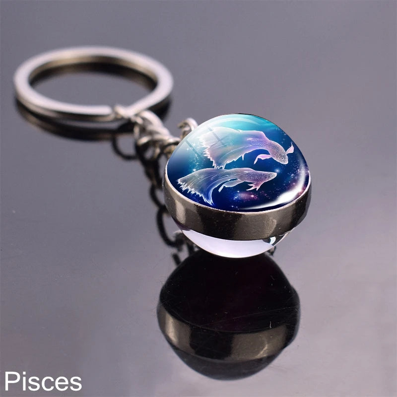 12 Zodiac Sign Keychain Sphere Ball Crystal Key Rings Scorpio Leo Aries Constellation Birthday Gift for Women and Mens Pisces 2
