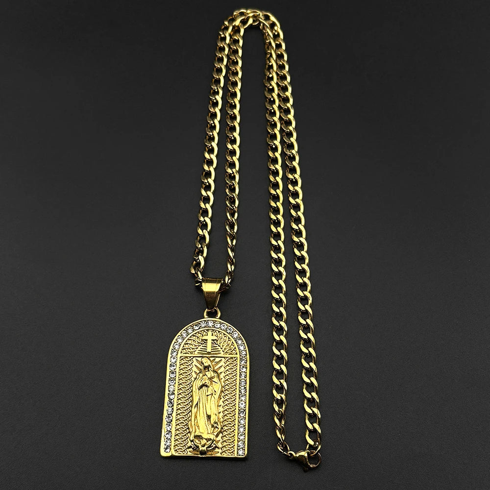 Catholic Virgin Mary Rhinestones Pendant Necklace for Women Men Stainless Steel Gold Color Our Lady of Guadalupe Chain Jewelry