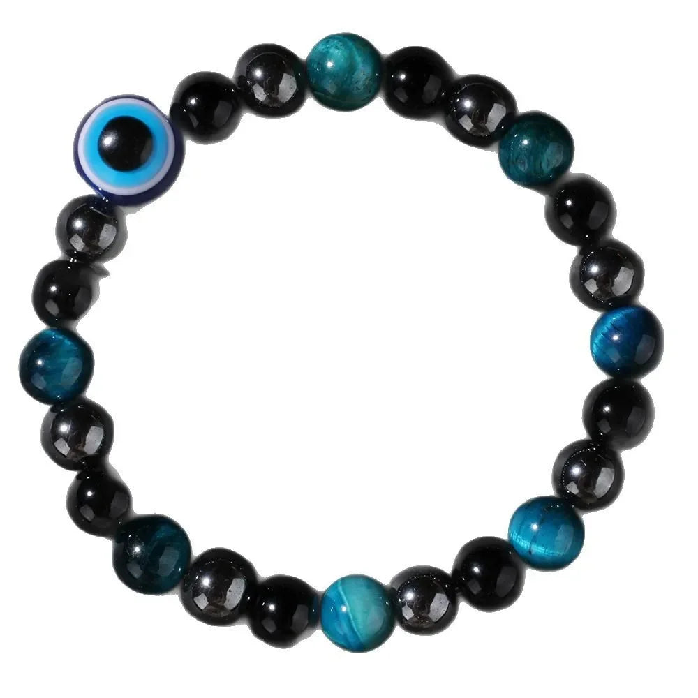 Triple Protection Bracelet, Blue Tigers Eye Black Bile Obsidian Evil Eye Beaded Bracelet, Handmade Stretch Beaded Bracelets