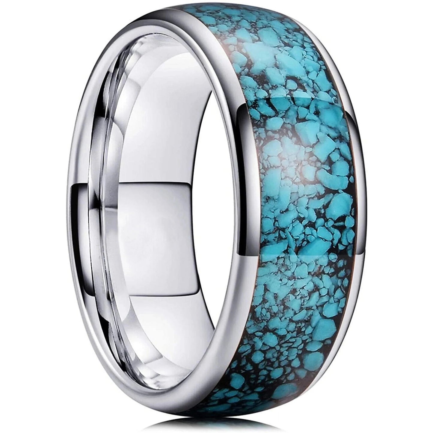 Fashion 8mm Men Stainless Steel Rings Inlay Blue Faux turquoise Stone Rings For Men Women Wedding Engagement Band Jewelry Gift