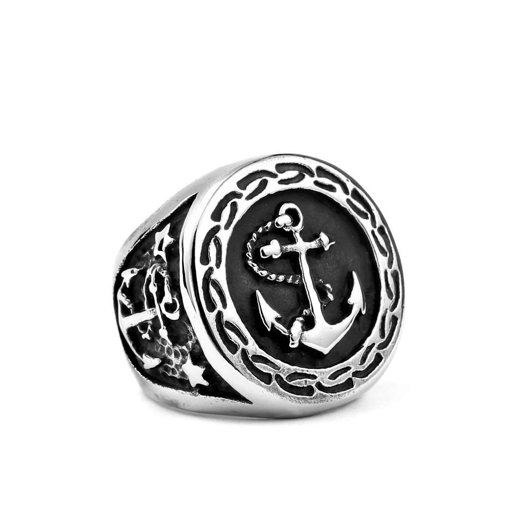Fashion Steel Color Stainless Steel Anchor Ring Vintage Punk Biker Rings For Men Unique Amulet Jewelry Gifts Dropshipping Silver
