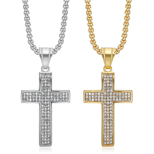 Unisex Stainless Steel 18K Gold Plated Zircon Cross Pendant Necklace for Party Gift