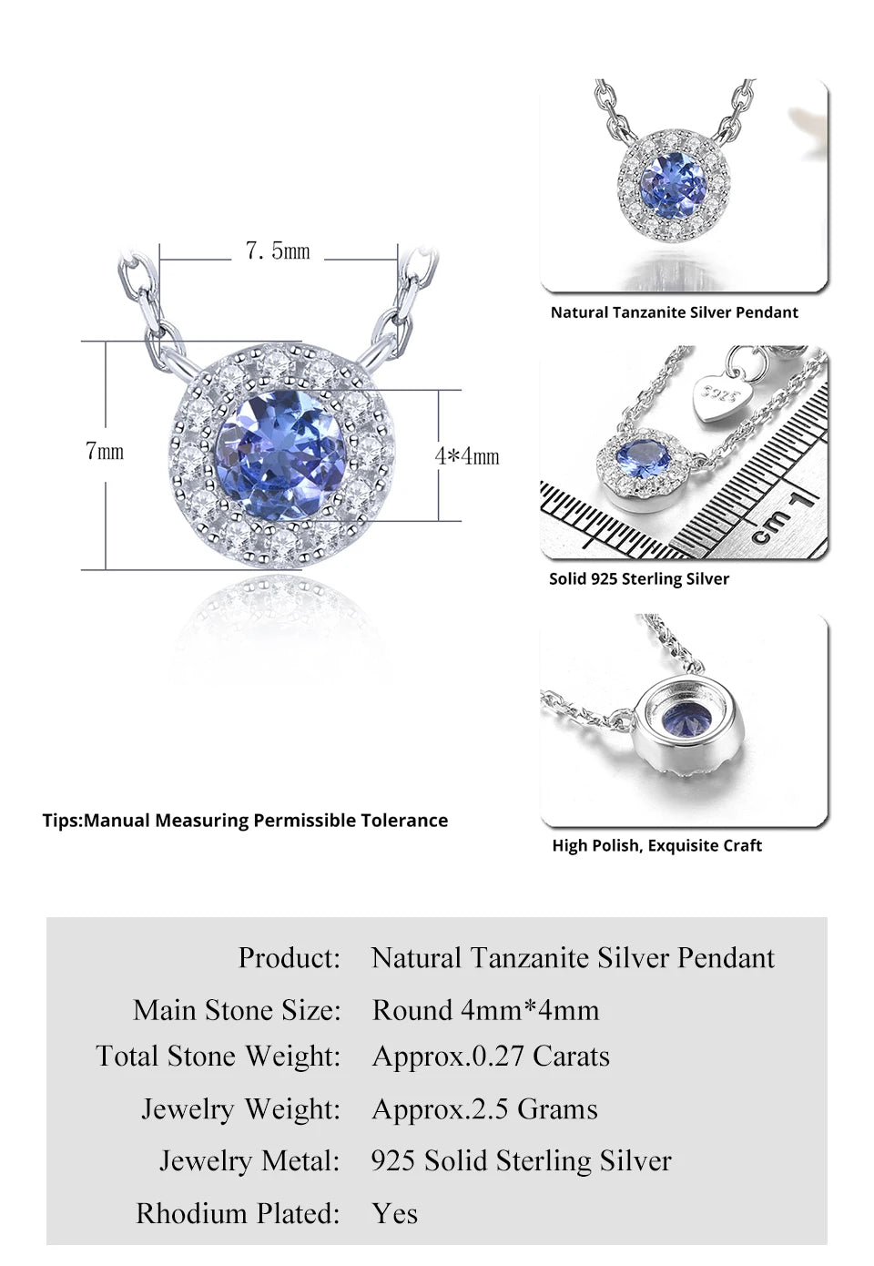 Natural Tanzanite Solid Sterling Silver Necklace Pendant 0.27 Carats Classic Round Shape Women Gifts Daily Decorations S925