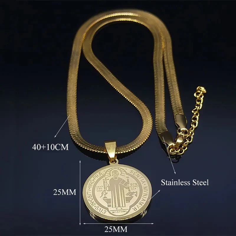 Hip Hop Saint Benedict Medallion Pendant Necklace Men Stainless Steel Snake Chain Choker Necklaces Jewelry San Benito Collares