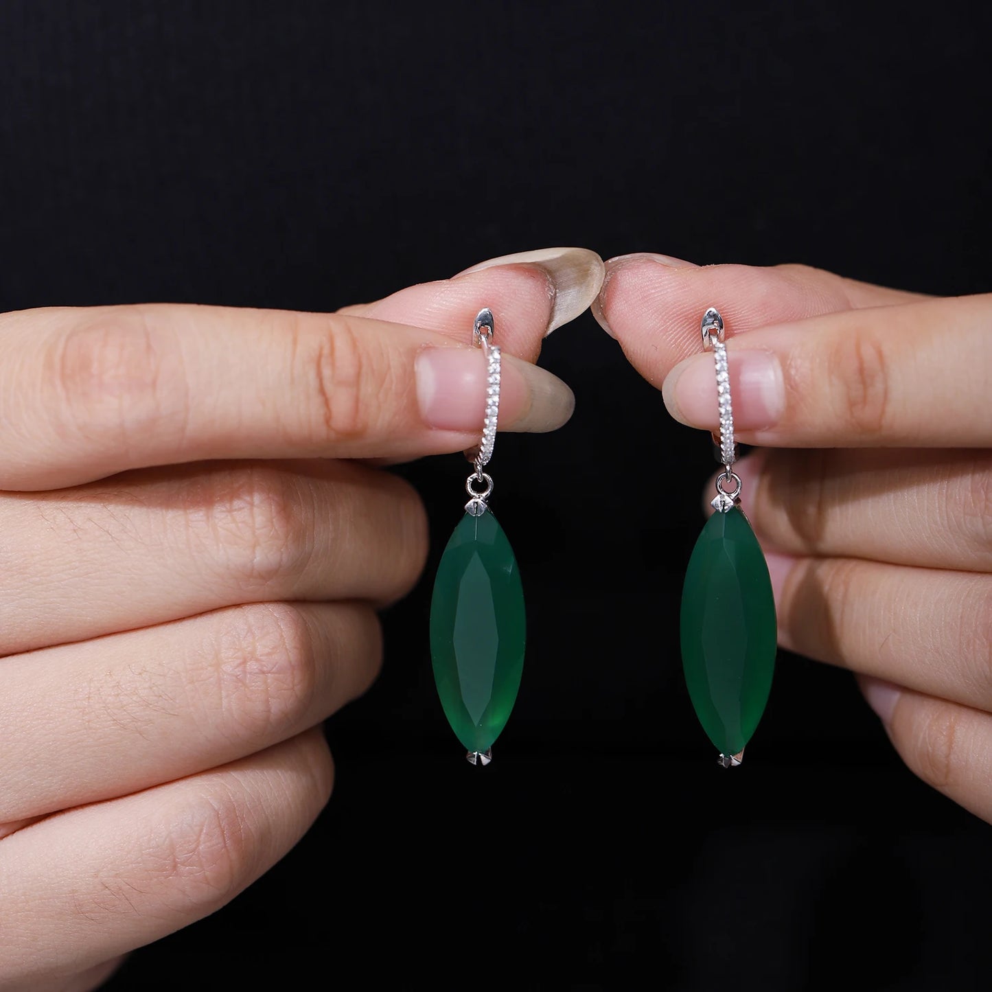 GEM'S BALLET 22.90Ct Marquise Natural Green Agate Gemstone Drop Earrings 925 Sterling Silver Earrings For Women Fine Jewelry