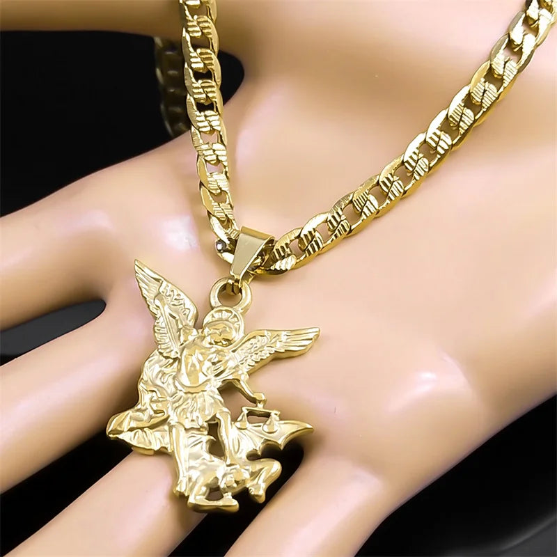 SAINT MICHAEL PROTECT US Archangel Stainless Steel Pendant Necklace for Women Men Gold Color Necklace Choker Jewelry Collares