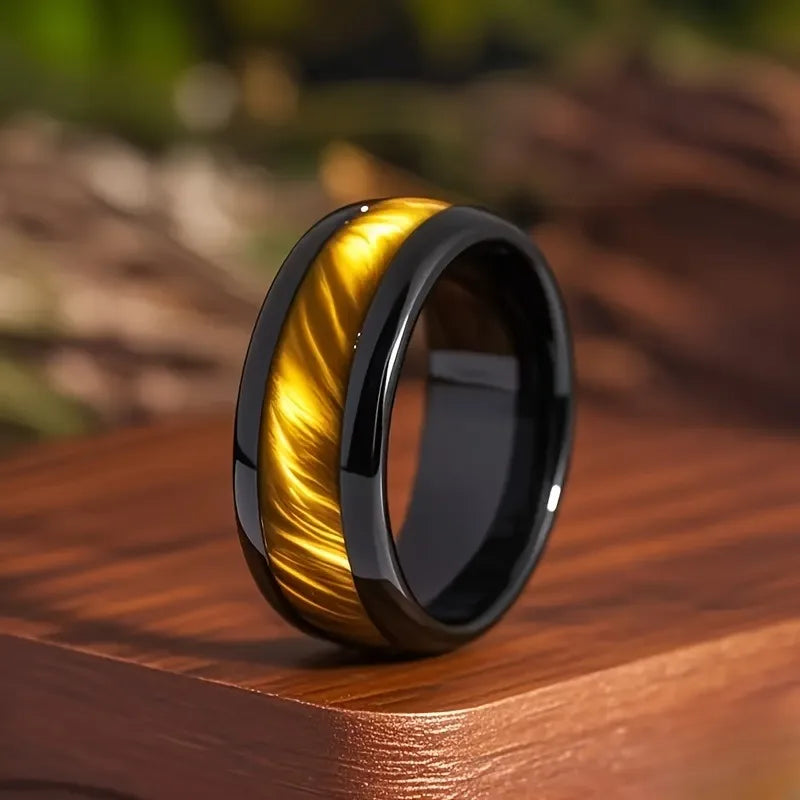 Fashion 8mm Men Stainless Steel Rings Black Color Brushed Brown Abalone Shell Inlay Rings for Men Wedding Band Jewelry Gift
