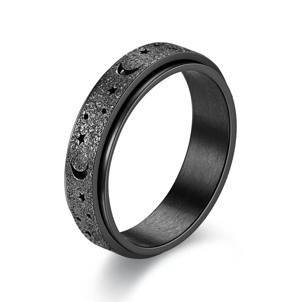 Frosted Stainless Steel Moon And Star Fidget Rings For Women Men Anti Stress And Anxiety Rotating Ring Metal Spinner Ring
