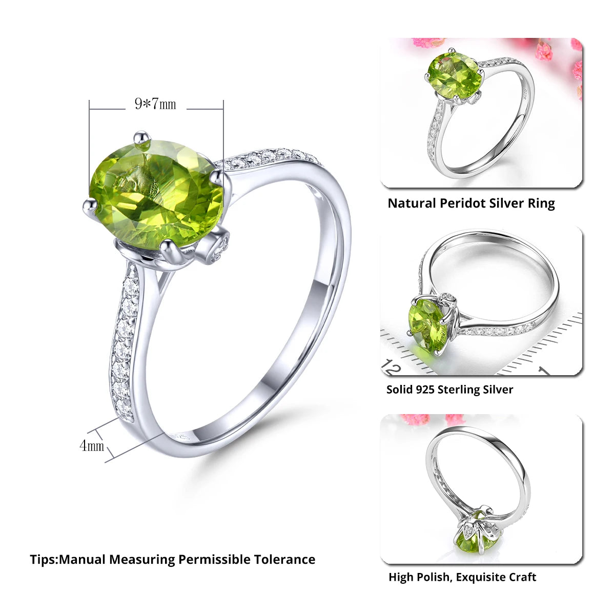 Natural Peridot Sterling Silver Rings 1.8 Carats Faced Cutting August Birthstone Women Simple Classic Style S925 Jewelrys