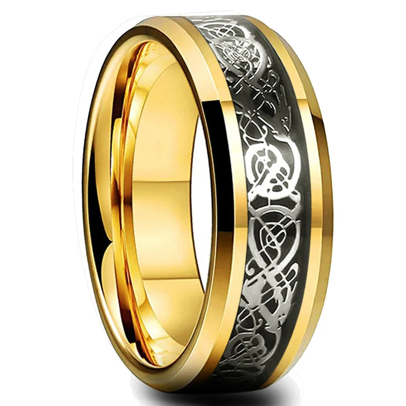 21 Colors 8mm Men's Stainless Steel Celtic Dragon Ring Inlay Red Green Black Carbon Fiber Ring Wedding Band Jewelry Size 6-13