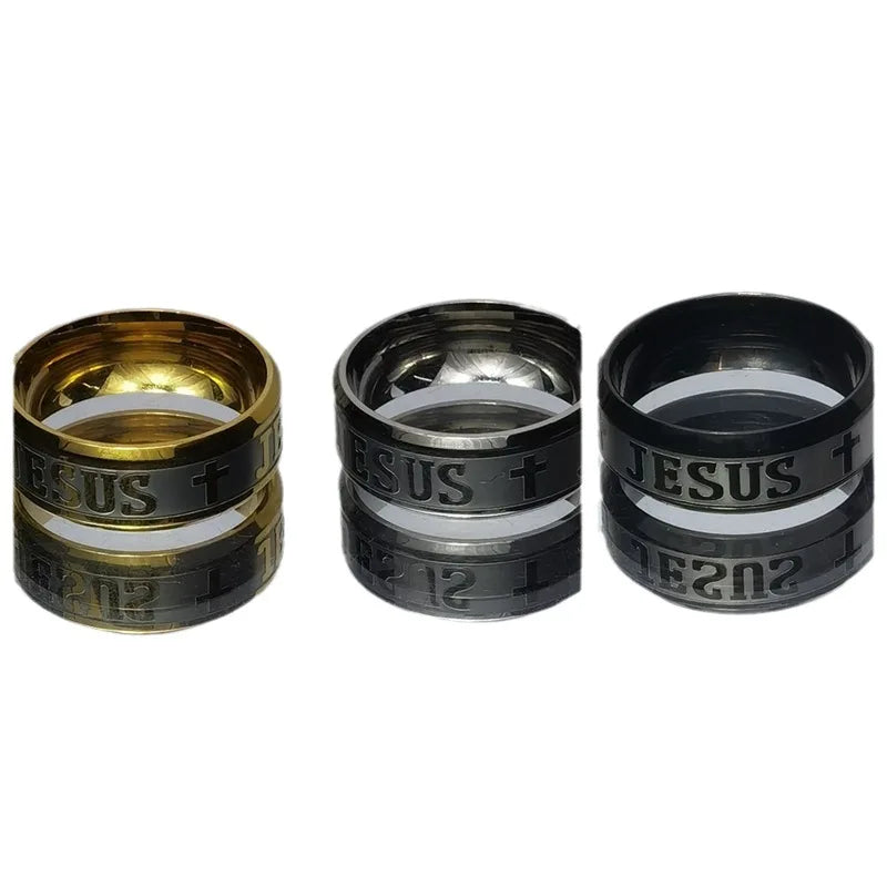 Stainless Steel Black Color Jesus Cross Letter Bible Prayer Finger Rings For Men 8mm Amulet Jewelry