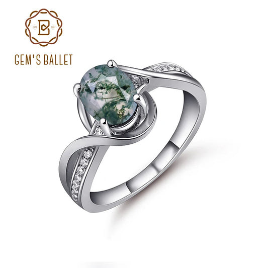 GEM'S BALLET 1.3Ct Oval Cut Natural Moss Agate Gemstone Engagement Rings 925 Sterling Silver Twist Side Stone Ring Gift For Her