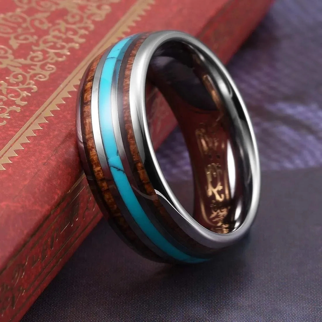 Fashion 8mm Men Stainless Steel Koa Wood Rings Inlay Blue Turquoise Stone Rings For Men Wedding Engagement Band Jewelry Gift