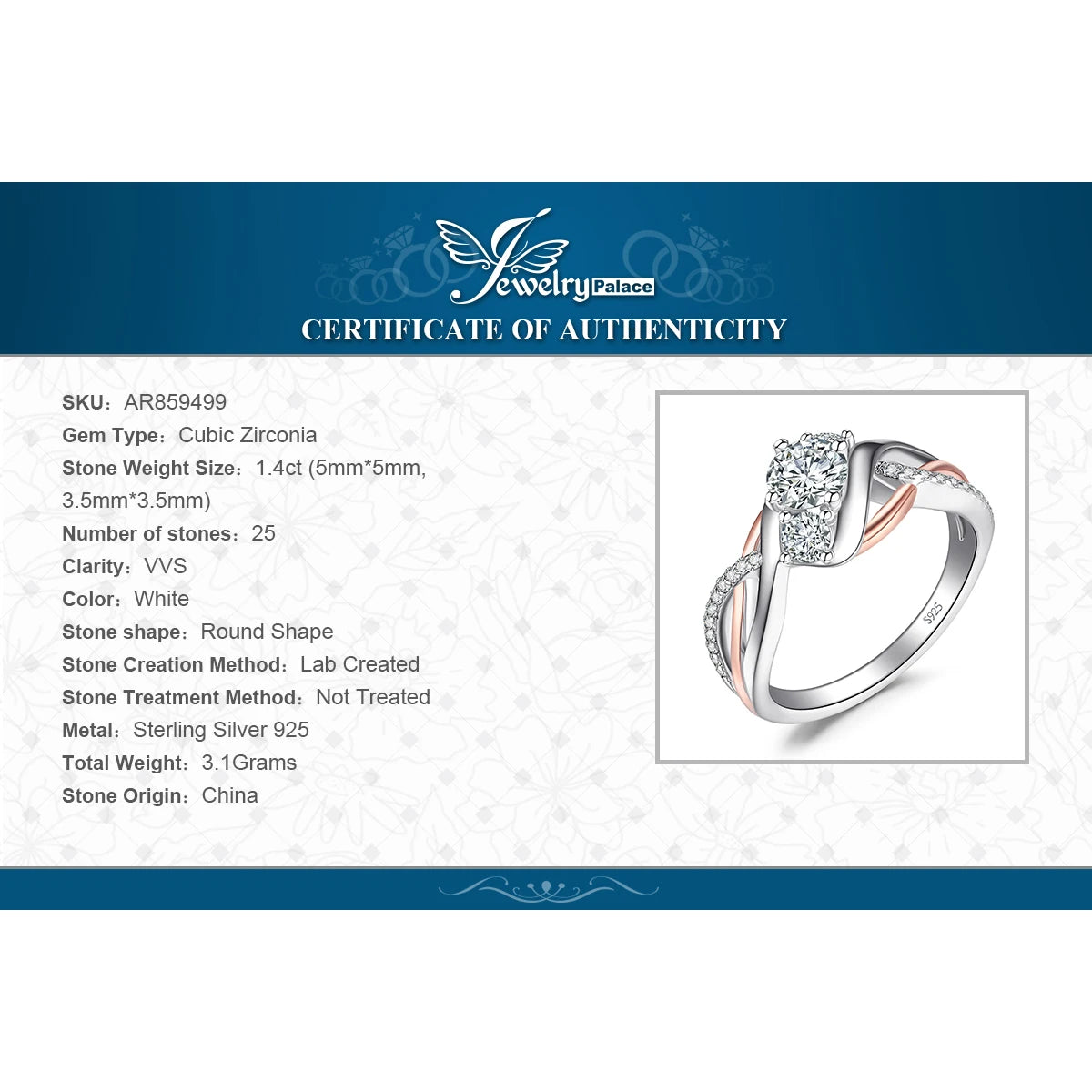 JewelryPalace Solid 925 Sterling Silver Wedding Engagement Ring for Woman 3 Stone AAAAA CZ Simulated Diamond Gold Infinity Ring