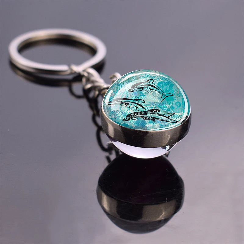 Blue Sea Keychain Marine Organisms Cute Key Chain Double Sided Glass Ball Pendant Dolphins Turtles Starfish Keyring Jewelry Gift As show 19