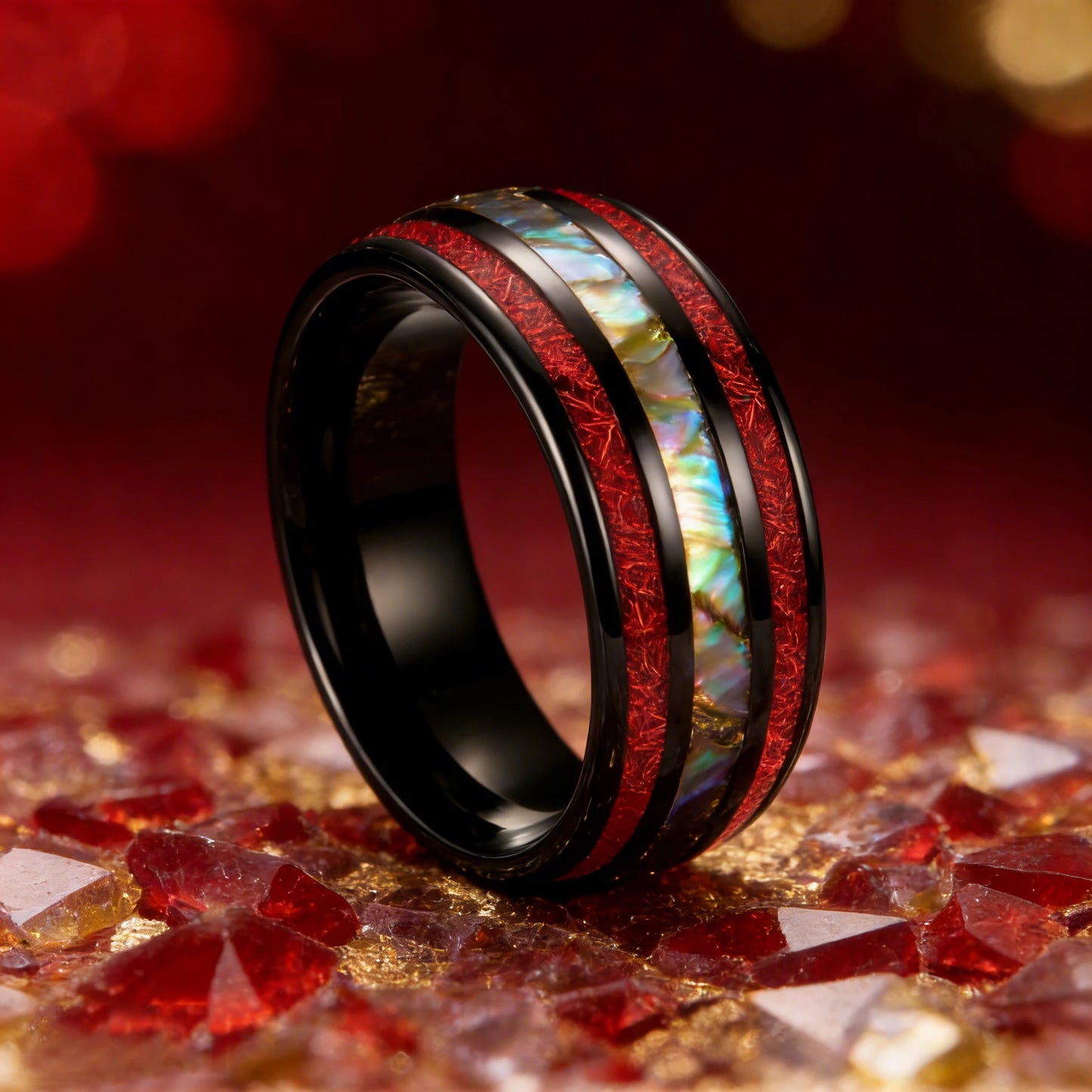 Fashion Colorful Abalone Shell and Red Meteorite Inlay Rings, 8mm Black Stainless Steel Rings for Men, Men Wedding Party Jewelry