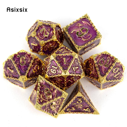 7 Pcs Light Purple Dragon Metal Dice Solid Metal Polyhedral Dice Set Suitable for Role-Playing RPG Board Game Card Game