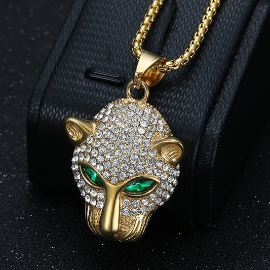 Fashion Jewelry Hip Hop Red Eyes Leopard Head Stainless Steel Green Crystal Pendant Necklace Men's Gift