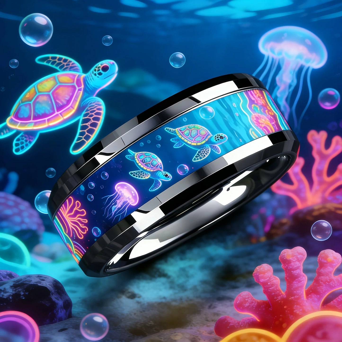 Cute Ocean-Themed 8mm Men Stainless Steel Ring with Dreamy Sea Jellyfish Pattern Inlay Rings for Teenager Wedding Party Jewelry