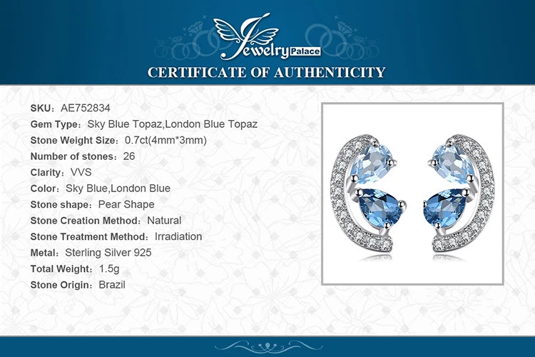 JewelryPalace Pear Natural Sky London Blue Topaz 925 Sterling Silver Stud Earrings for Woman Statement Fashion Gemstone Jewelry