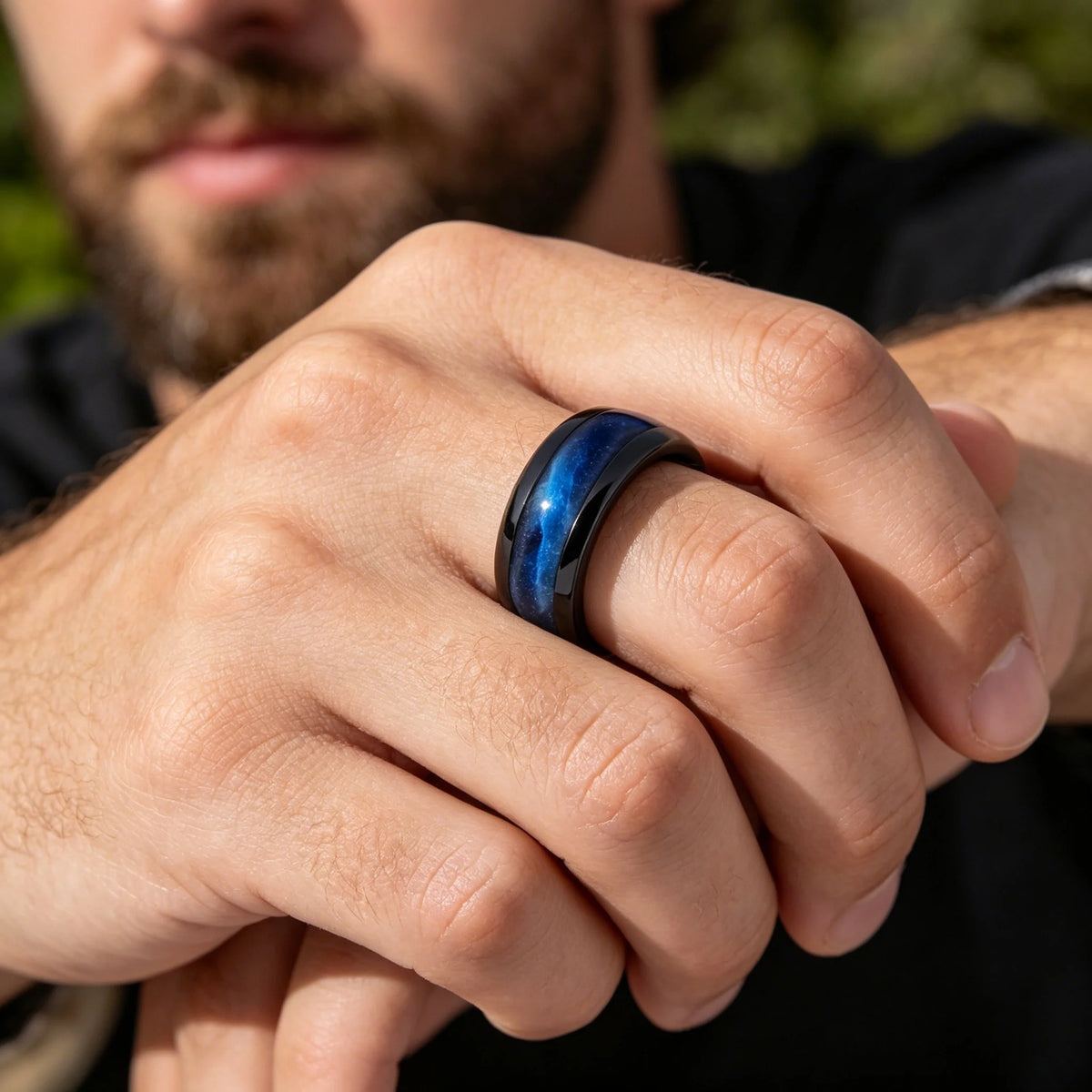With Blue Gradient Nebula Pattern Rings, 8mm Cosmic Starry Sky Stainless Steel Men Ring, Wedding Band Jewelry Drop Shipping