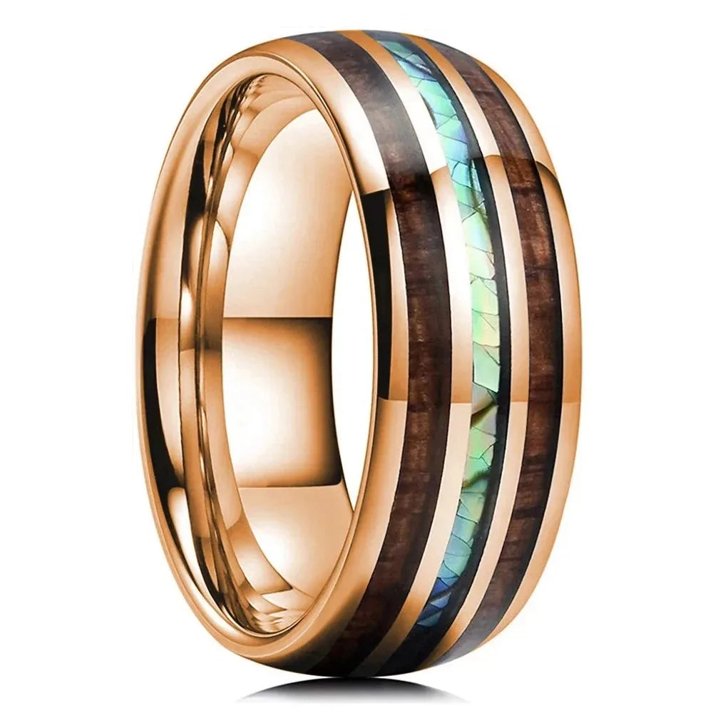 Fashion 8mm Rose Gold Color Stainless Steel Guitar String Rings for Men Koa Wood Inlay Ring Whiskey Barrel Mens Wedding Band