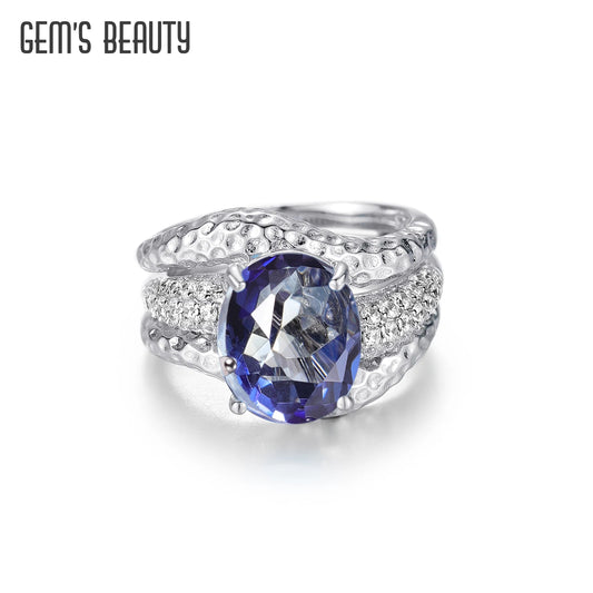 GEM'S BALLE 925 Sterling Silver Handmade Jacket Bridal Ring Set Iolite Blue Mystic Quartz Gemstone Cocktail Ring for Women