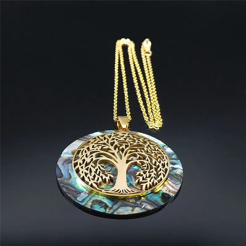Tree of Life Stainless Steel Abalone Shell Natural Necklace Chain Gold Color Necklaces Mother Pearl Shell Boho Jewelry Collar NX