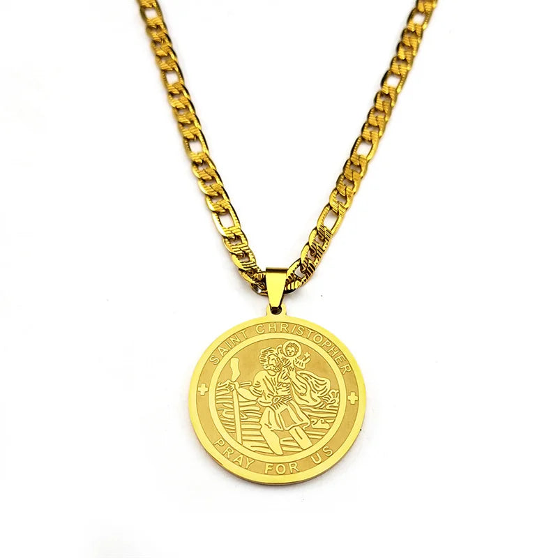 Jesus Saint Christopher Protect Us Pendant Necklace For Women Men Stainless Steel Gold Color Round Party Christian Jewelry