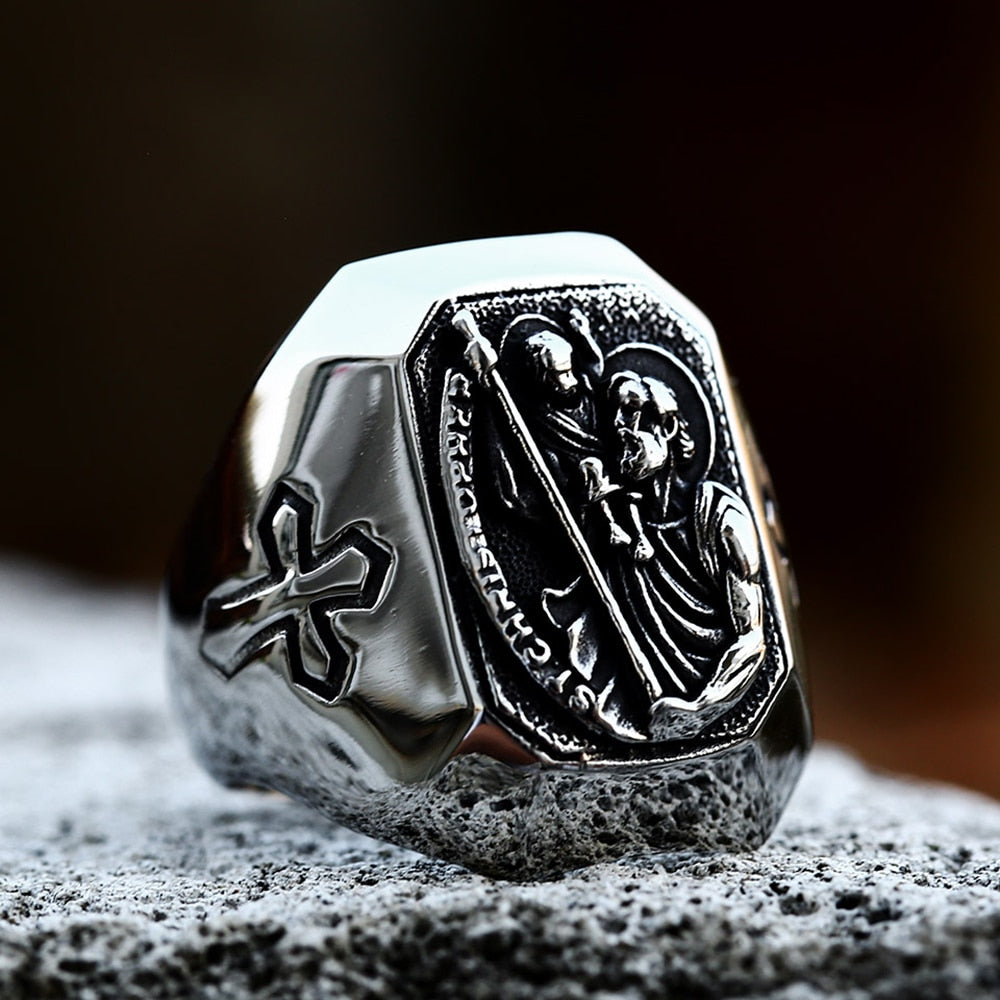 New Vintage St Christopher Cross Fingers Ring For Men 316L Stainless Steel Punk Biker Fashion Renaissance Jewelry Gift Style B