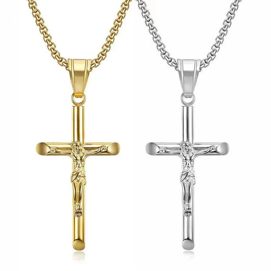 Wholesale Stainless Steel Jesus Pendant Square Pearl Chain Gold Plated Cross Pendant Necklace Unisex Prayer Religious Jewelry