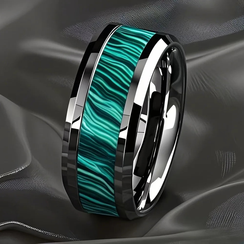 8MM Imitation of Peacock Stone Inlay Men's Stainless Steel Rings Silver Color Wedding Band Jewelry for Men Steel Ring