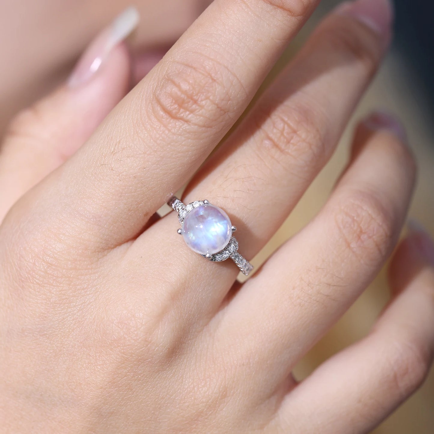 GEM'S BALLET 9mm Round Natural Milky Blue Moonstone Gemstone Ring in 925 Sterling Silver Birthstone Dainty Ring Gift For Her